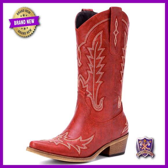 Vintage Western Cowgirl Boots Chunky Heel Pointed Toe Embroidery Pull-On